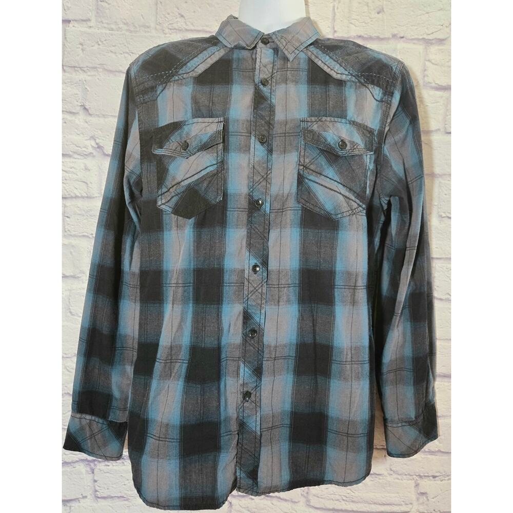 Rerun Blue Black Plaid Button Up Roll Tab Sleeves Men's Shirt Medium